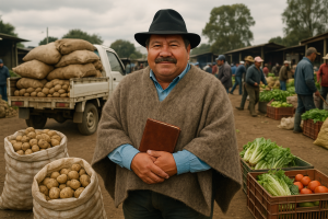 Nombre campesino con ruana u sombrero sonriendo