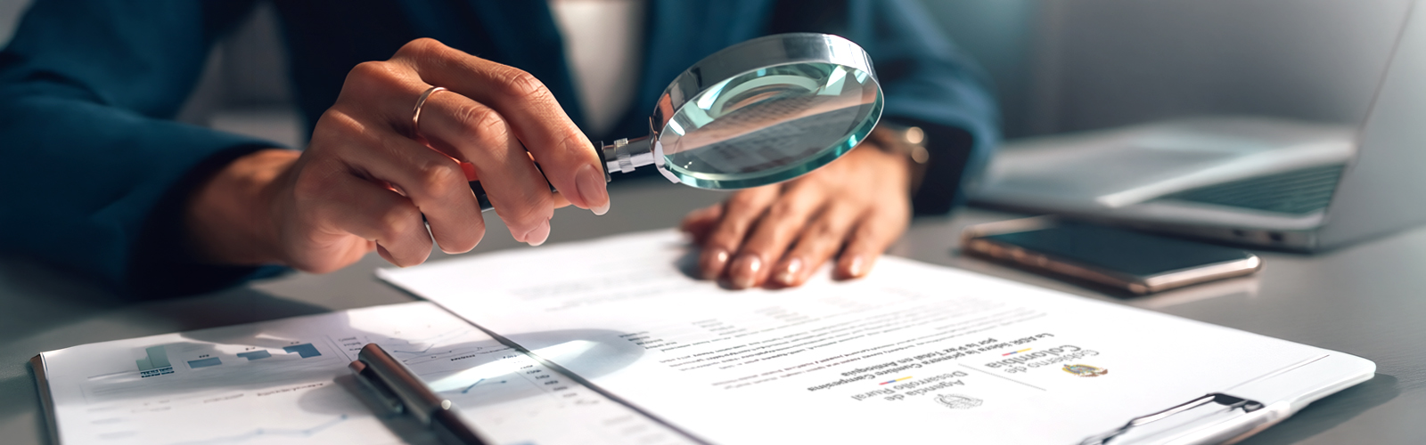 Imagen de unas manos con una lupa revisando unos documentos Haciendo alución a la transparencia en la ADR